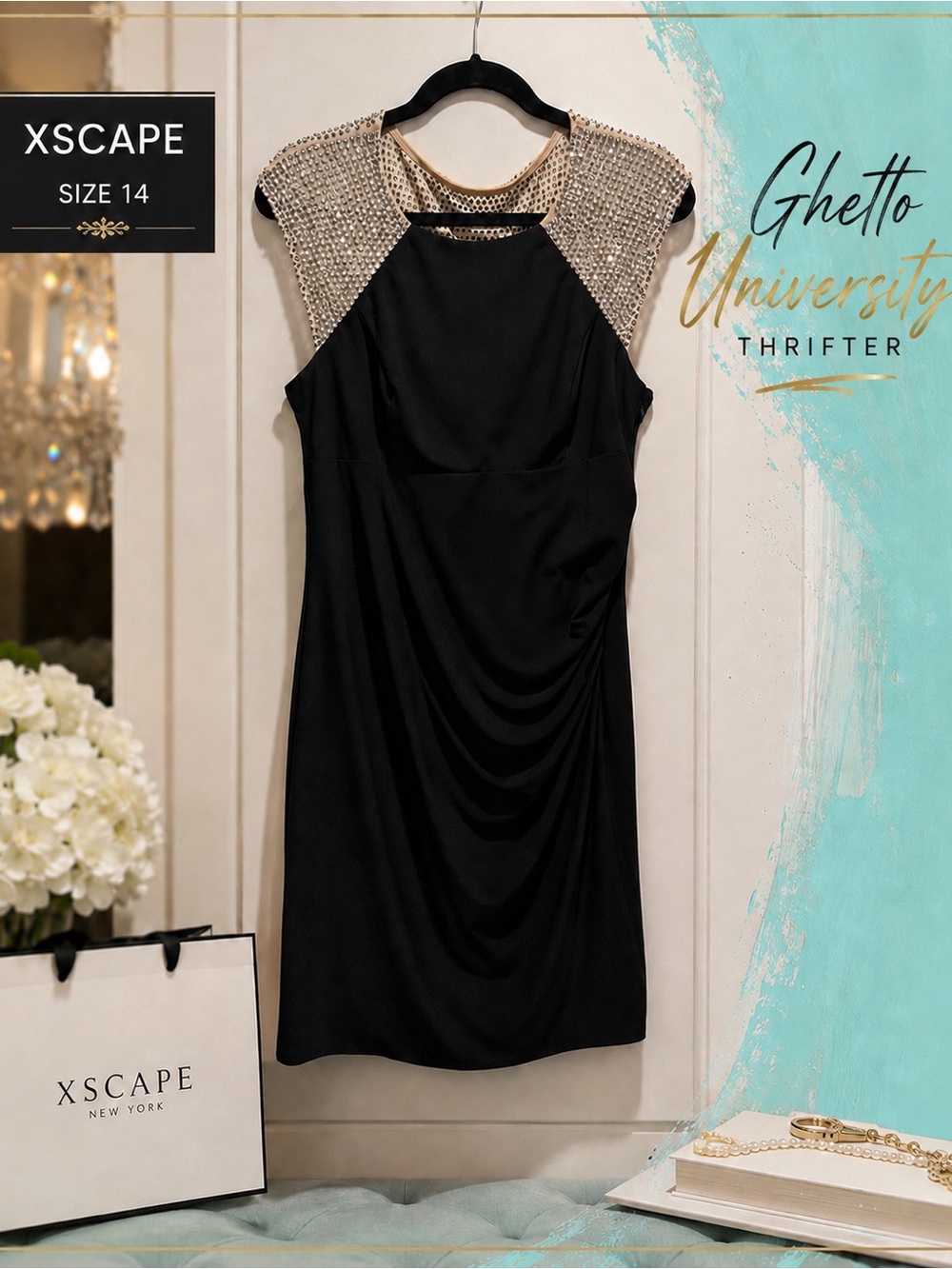 Xscape Black Sleeveless Dress with Silver /Gold Beaded and Mesh Illusion